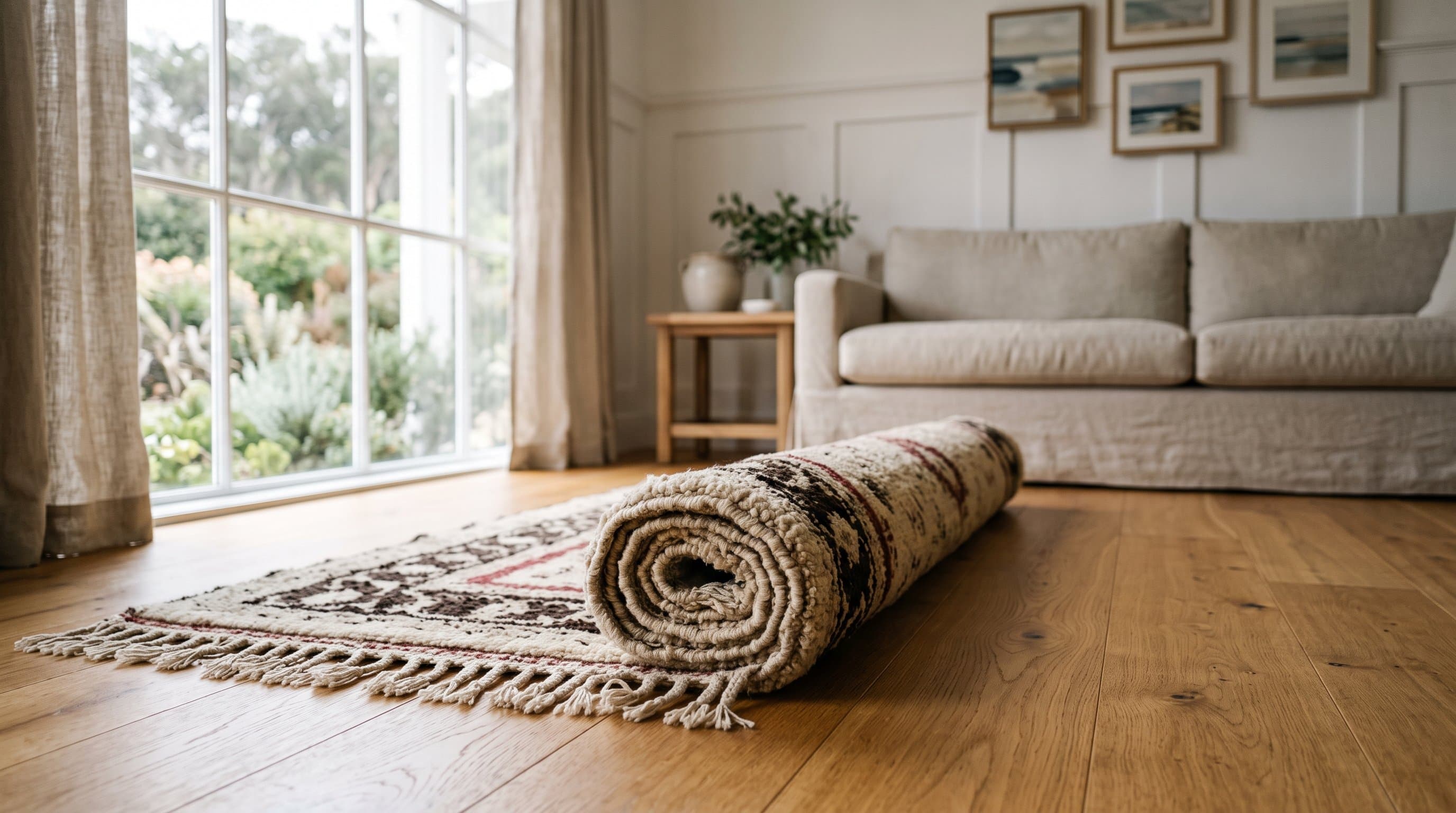 Hand-knotted wool area rug partly rolled back on a clean oak floor in an Ocean County NJ living room before in-home rug cleaning