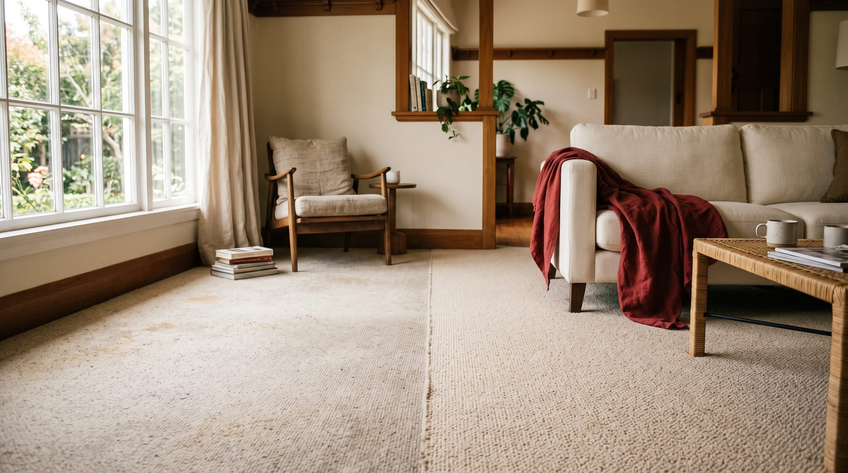 Living room with half the carpet freshly cleaned and revived, half still dull
