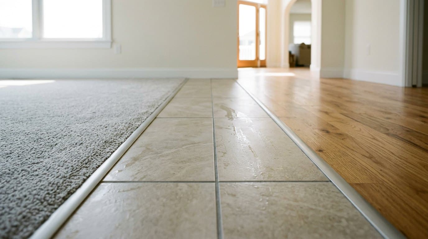 Carpet, ceramic tile and hardwood meeting at a transition in a New Jersey home, showing the different surfaces a floor cleaning service has to handle
