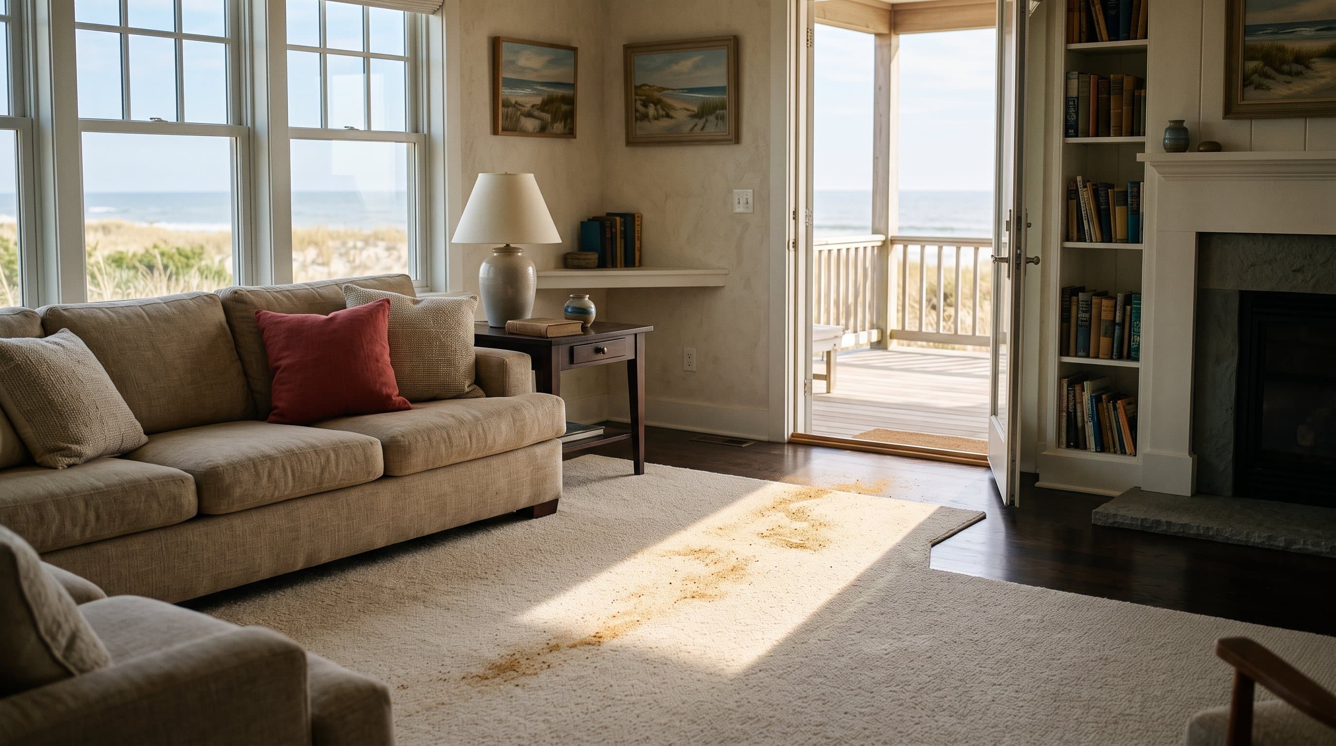 Clean living room carpet in a Jersey Shore home after beach sand and salt were extracted from deep in the pile