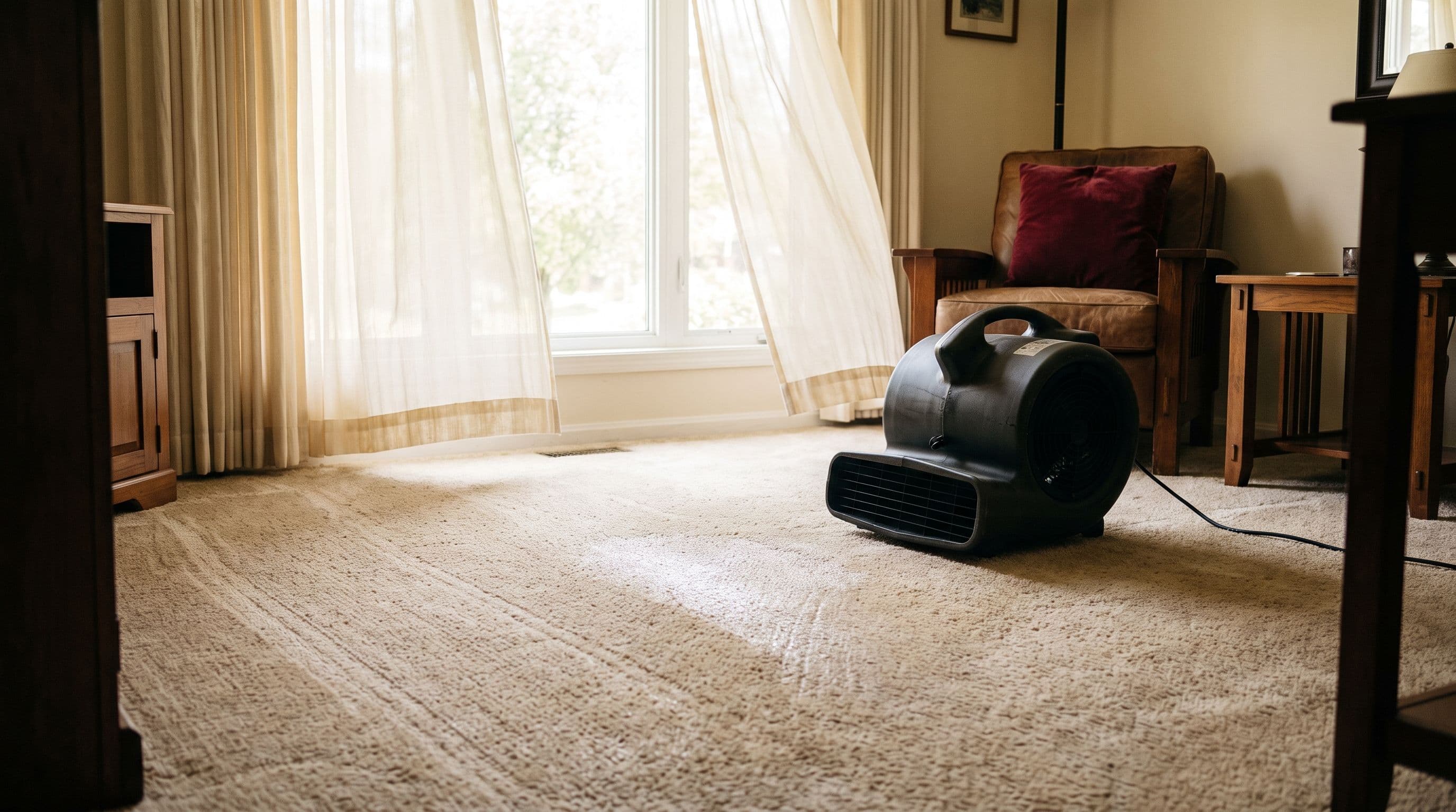 An air mover drying freshly cleaned beige carpet in a Barnegat NJ living room, showing how long carpet takes to dry after cleaning