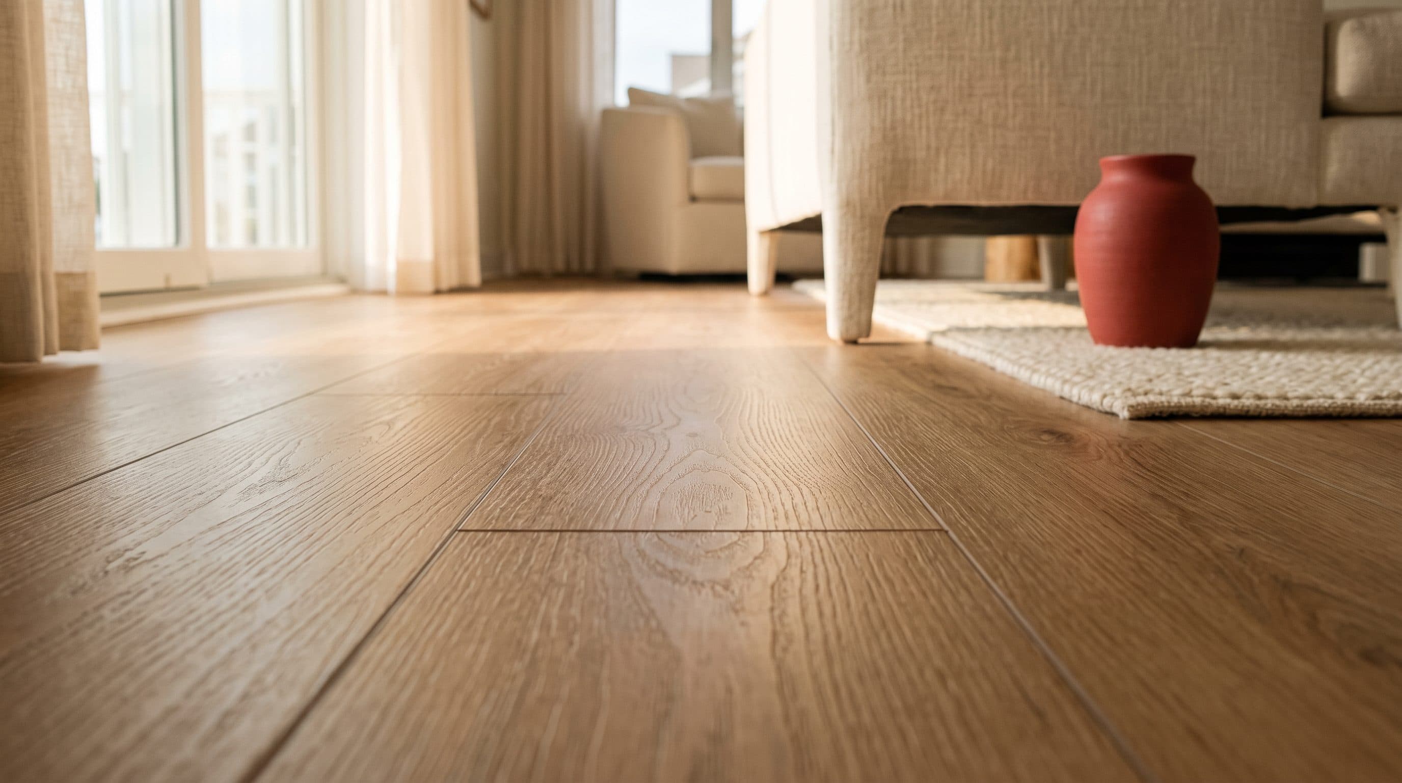 Freshly cleaned luxury vinyl plank floor in a coastal Ocean County NJ living room with low window light raking across the bevelled plank seams