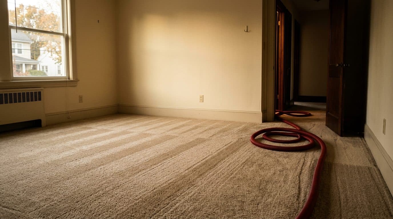 Move-out carpet cleaning in a New Jersey rental: an empty Ocean County living room with freshly extracted beige carpet and the truck-mount hose still run through the doorway