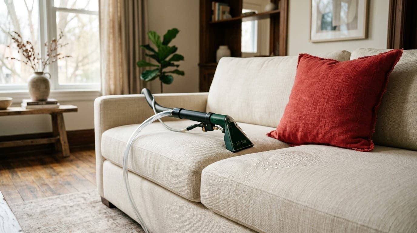 A freshly cleaned upholstered fabric sofa in a bright living room with a professional upholstery cleaning tool resting on a cushion, showing what professional upholstery cleaning does to a couch.