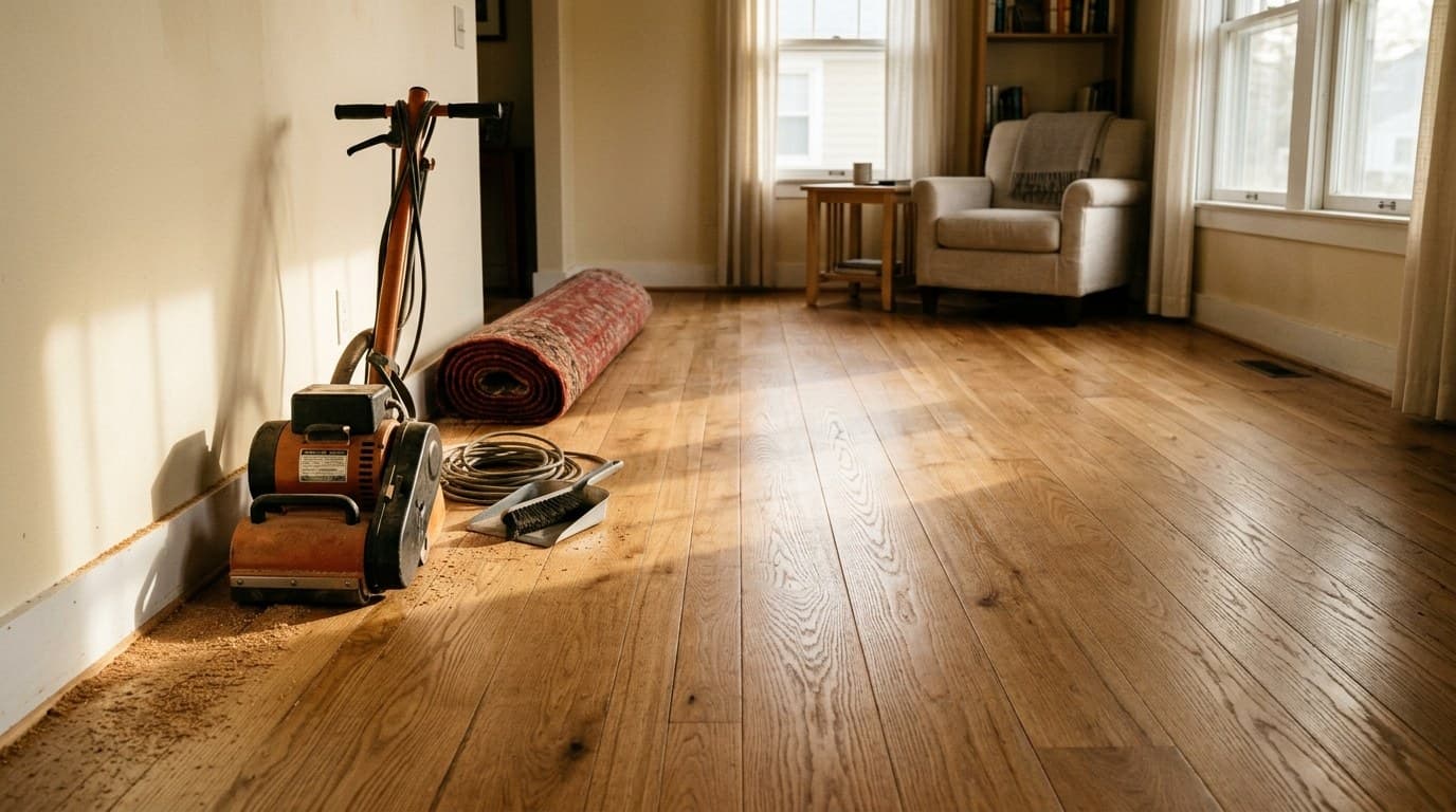 A solid oak hardwood floor mid-sanding with a threshold transition exposing the wear layer above the tongue, refinish or replace hardwood floors, After Effects Carpet Cleaning in Barnegat, Ocean County NJ.