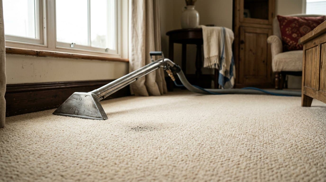 A permanent bleach spot on beige carpet in an Ocean County NJ home, the kind of stain professional carpet cleaners cannot remove