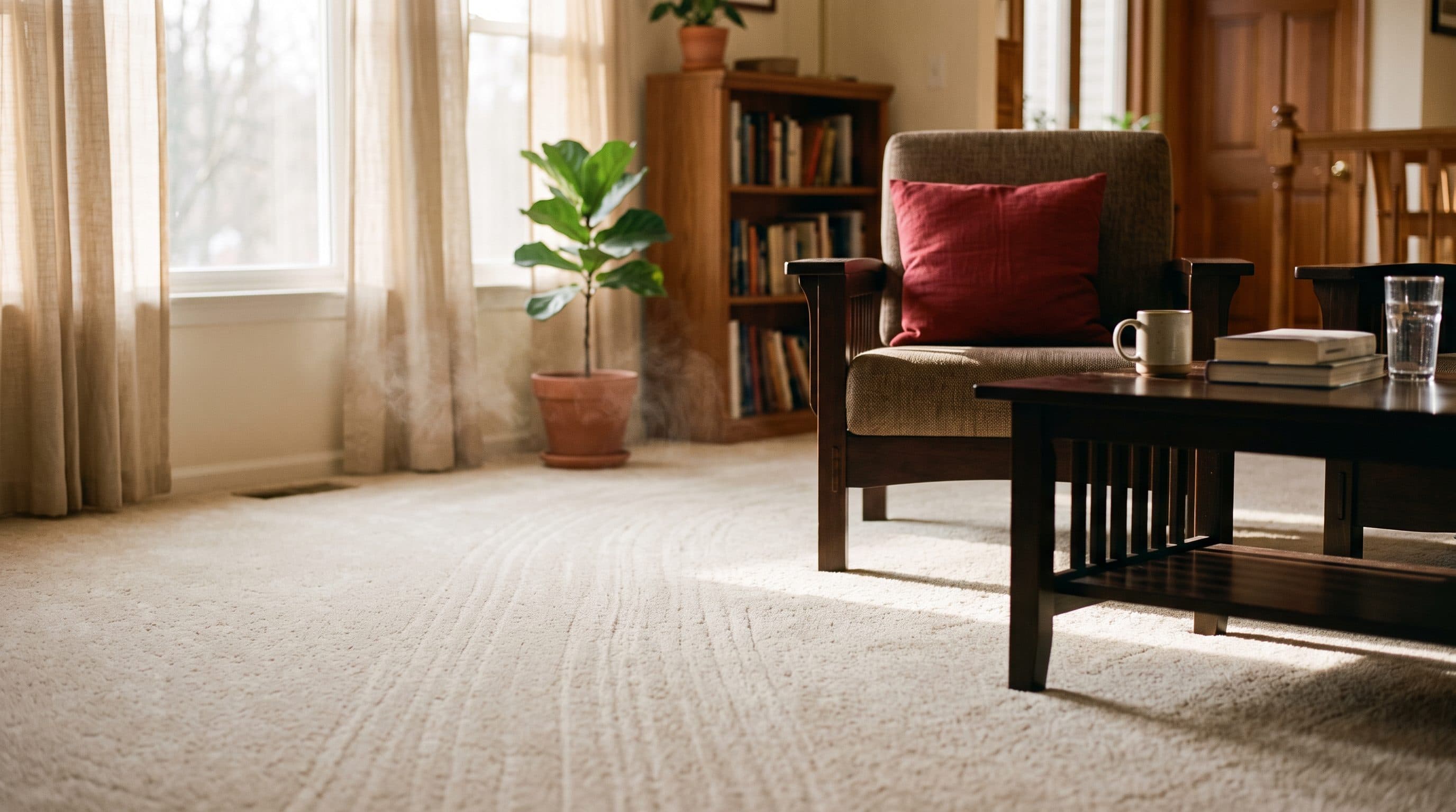 Cream carpet drying in a sunlit Ocean County NJ living room after the steam cleaning side of steam cleaning vs dry carpet cleaning
