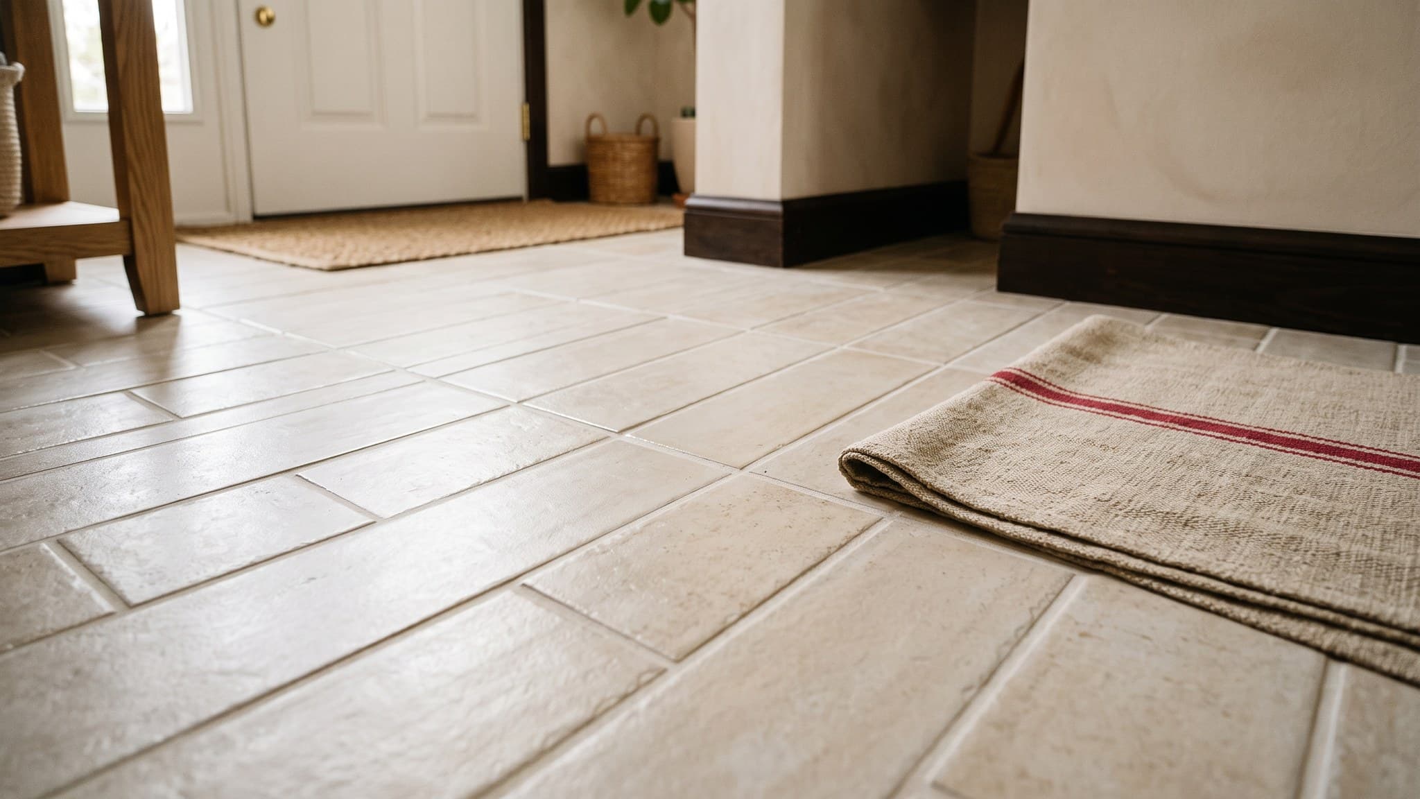 Freshly cleaned ceramic tile floor with crisp pale grout lines in an Ocean County NJ shore home entryway