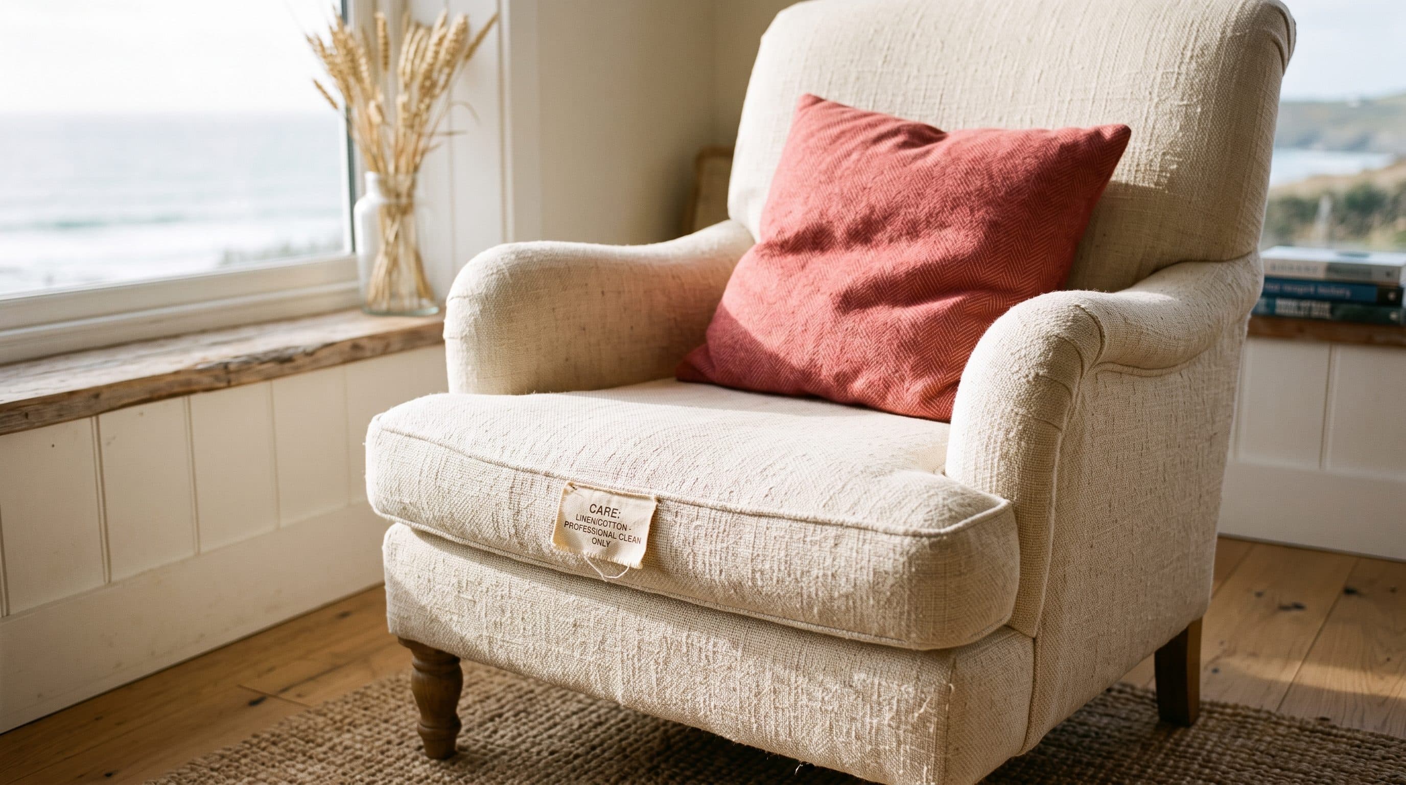 A fabric couch cushion flipped to show the manufacturer upholstery cleaning code tag with the W, S, WS and X fabric codes, After Effects Carpet Cleaning in Barnegat, Ocean County NJ.