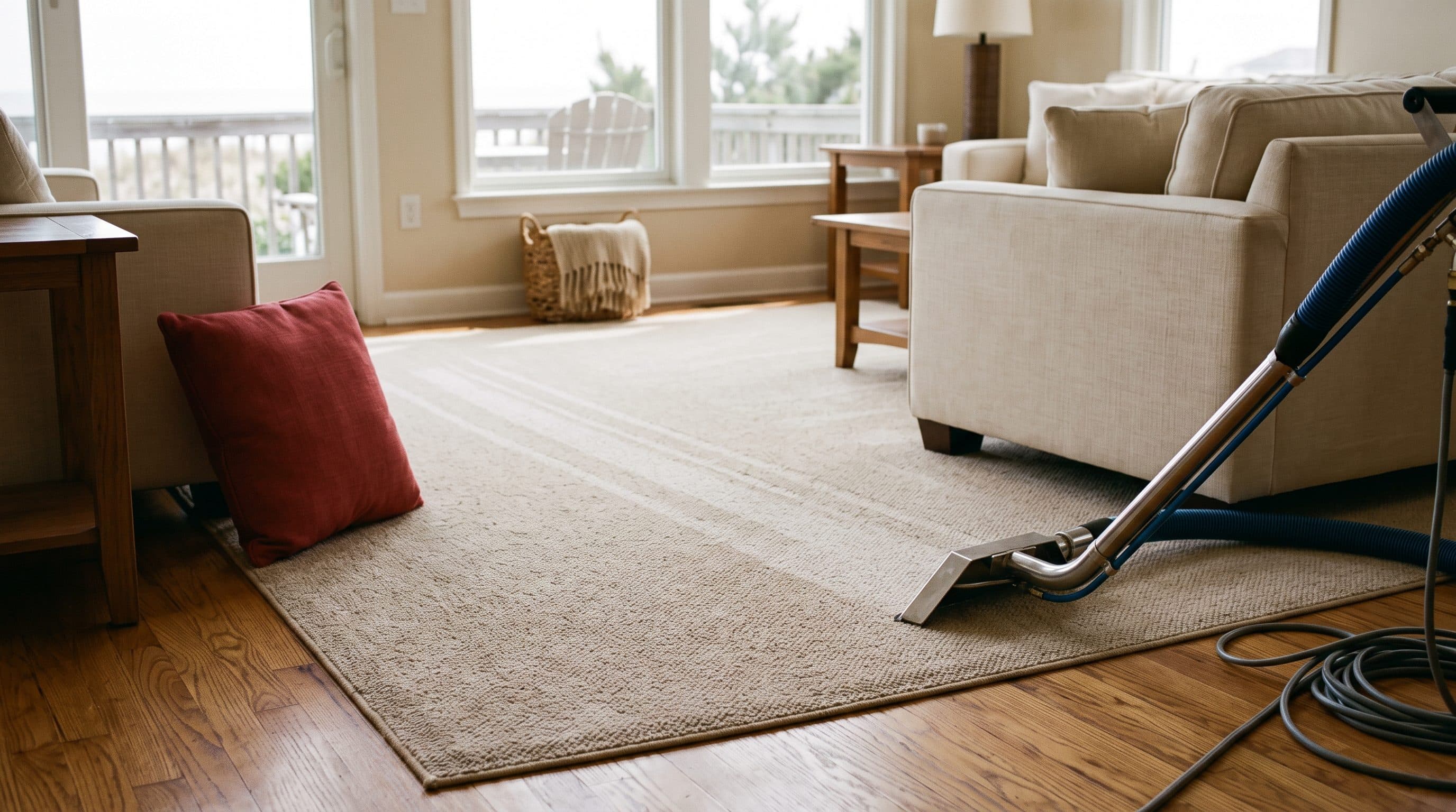 A stain wicking back up to the surface of a beige Ocean County NJ carpet, showing why carpet stains come back after cleaning