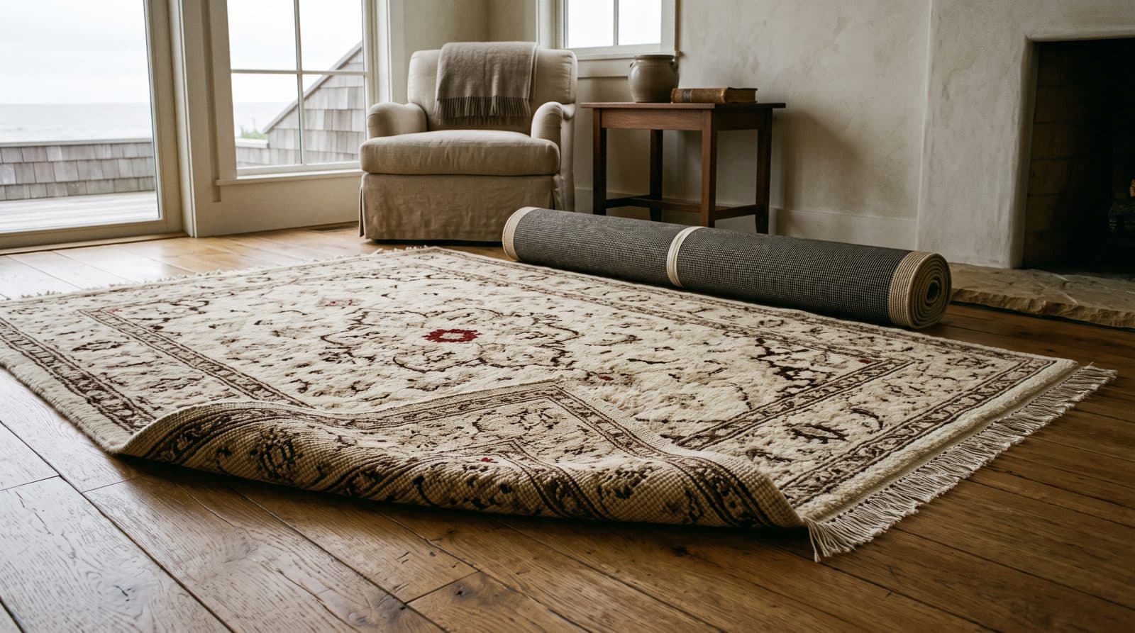 Wool rug cleaning versus synthetic: a hand-knotted wool area rug on oak flooring with its corner folded back to show the knotted foundation, a rolled synthetic rug behind it