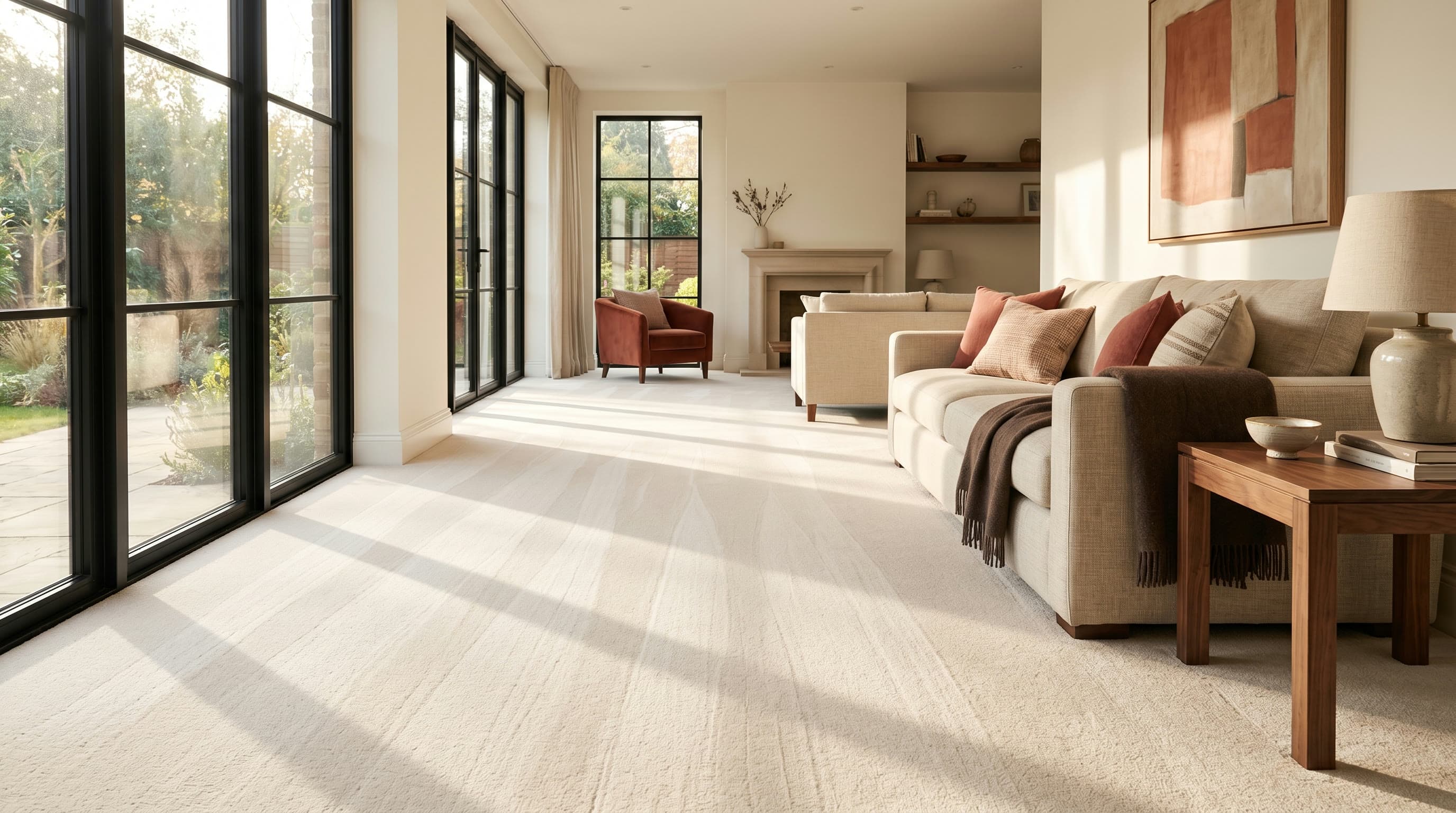A freshly cleaned living room carpet in raking morning light