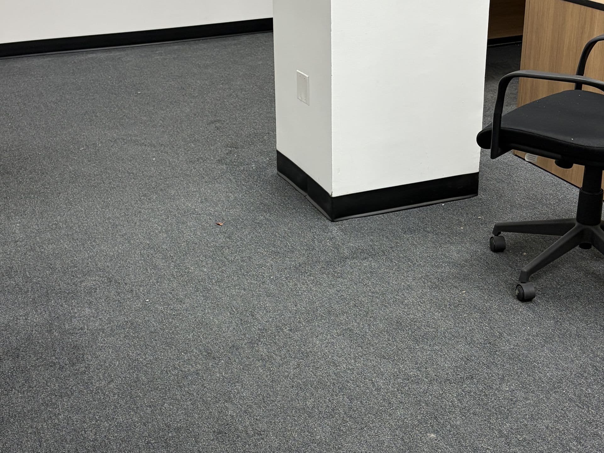 Clean grey office carpet through a corridor, beside a close-up of the same carpet covered in construction debris