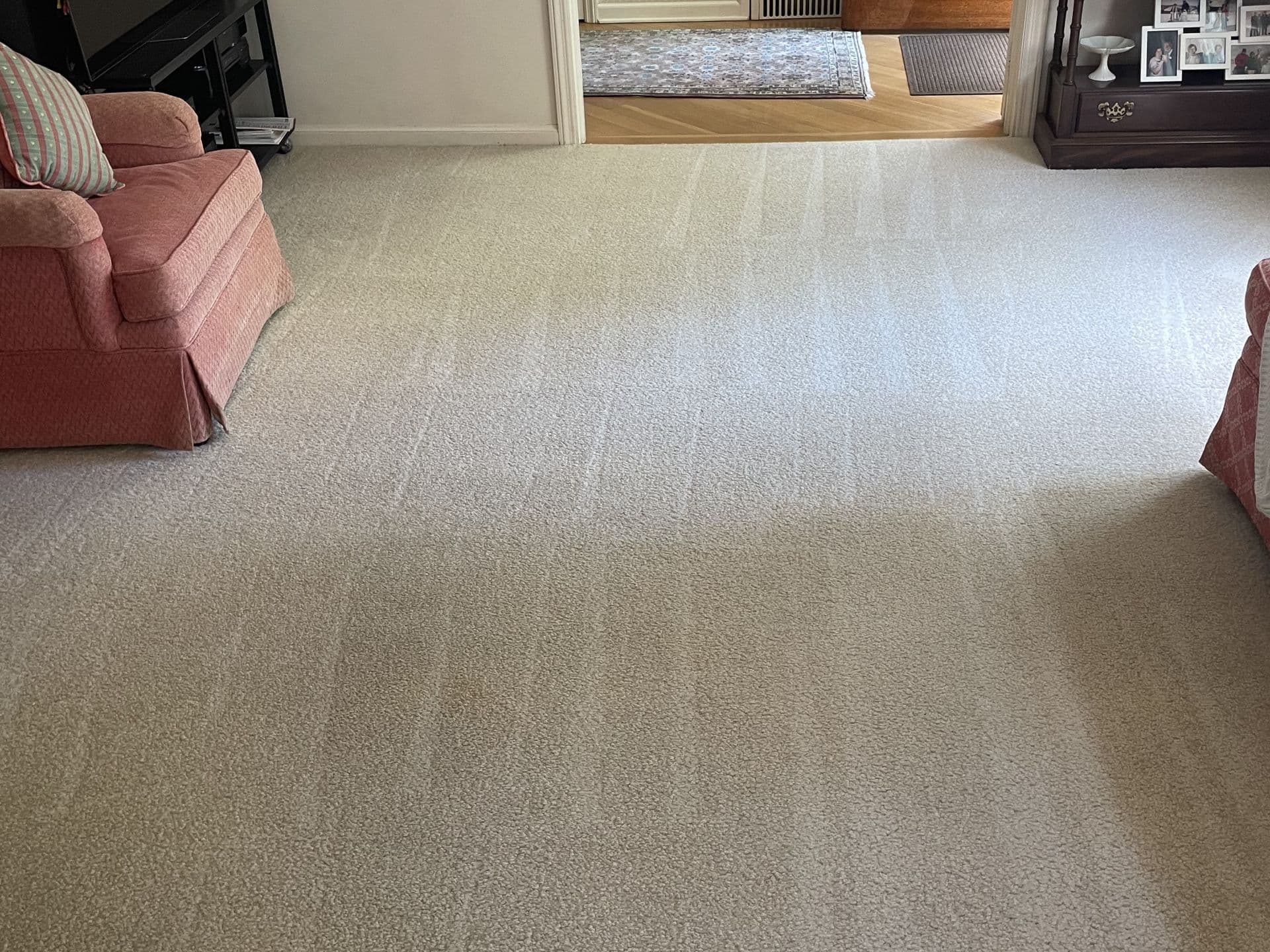 Living room carpet with wand strokes visible after hot-water extraction, next to the same dingy carpet before cleaning