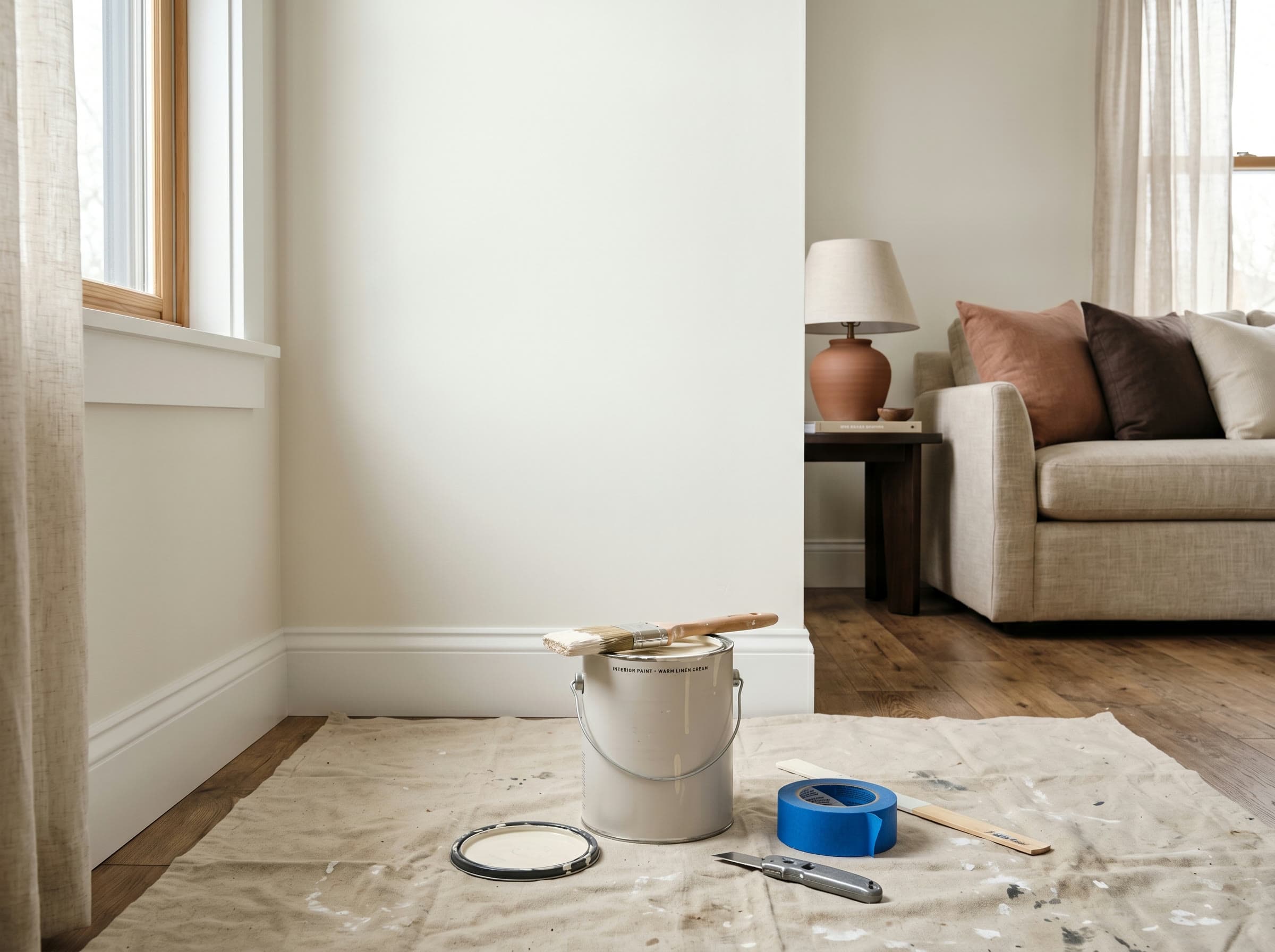 Freshly painted warm white wall with crisp trim lines and painting tools on a drop cloth