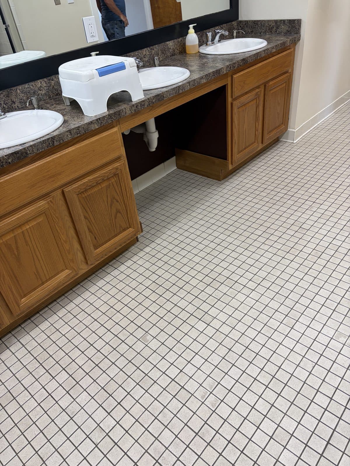 Cleaned tile floor with crisp, bright grout lines beside a double vanity